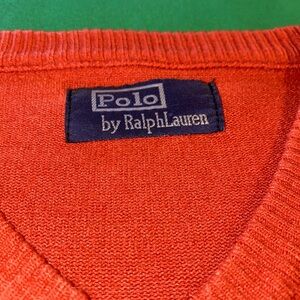 Polo Ralph Lauren Sweater Mens Size Large Lambswool Orange Logo Vee Neck